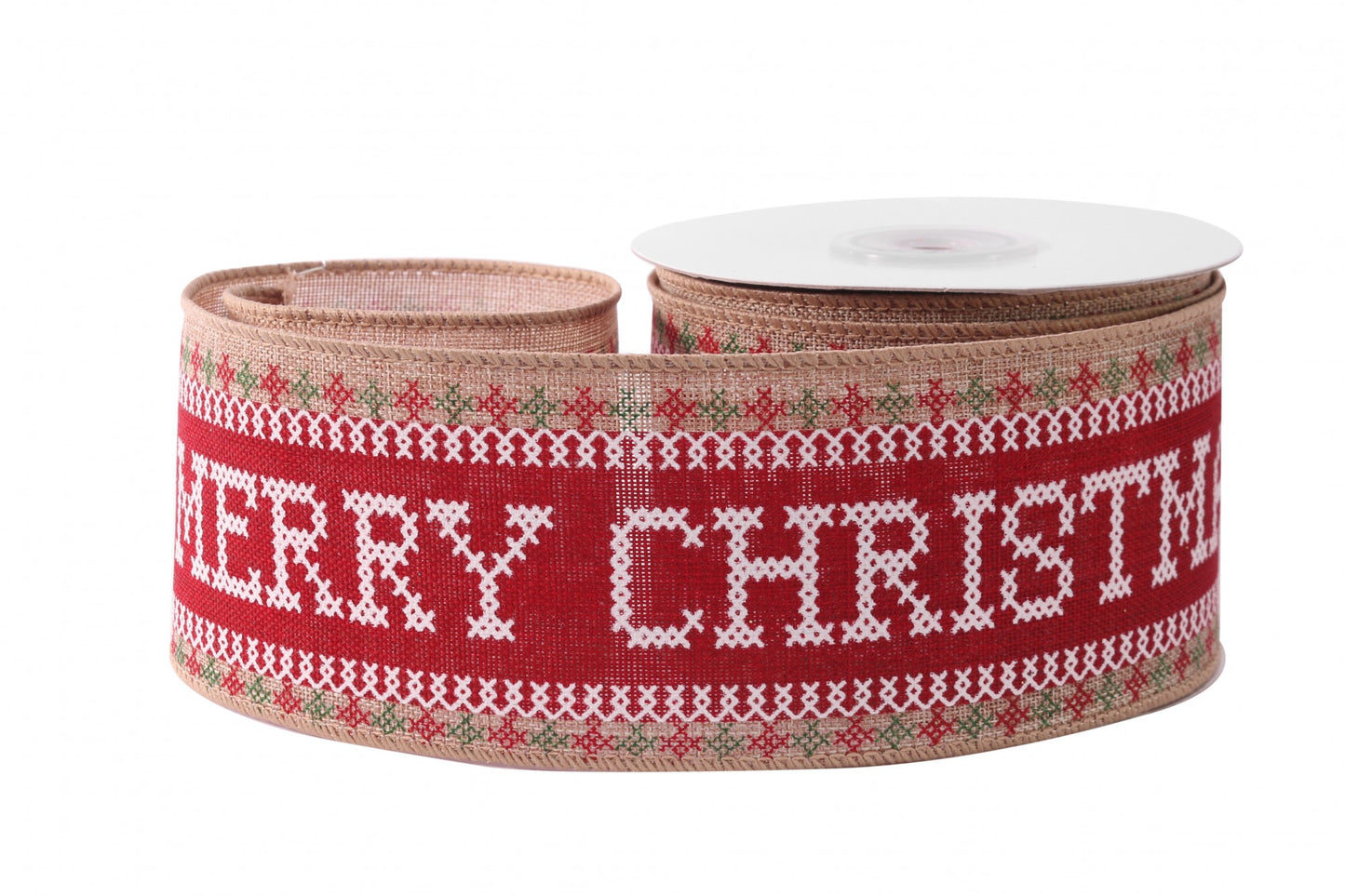 Merry Christmas Cross Stitch Red/White/Green Ribbon (63mm x 10yds)