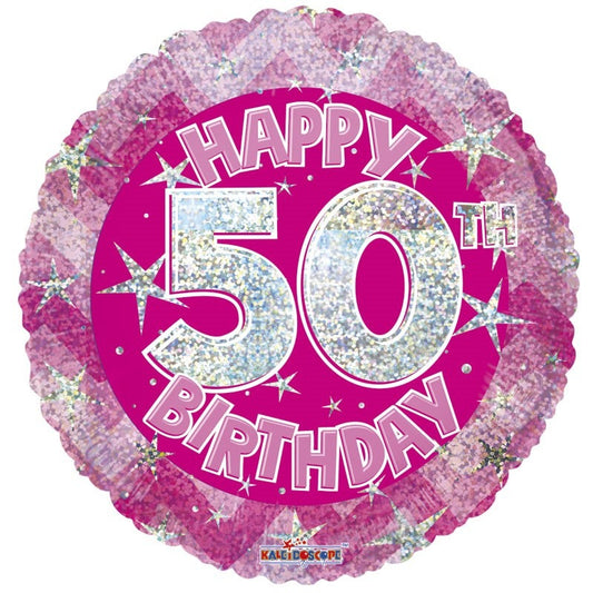 Pink Holographic Happy 50th Birthday Balloon (18 inch)