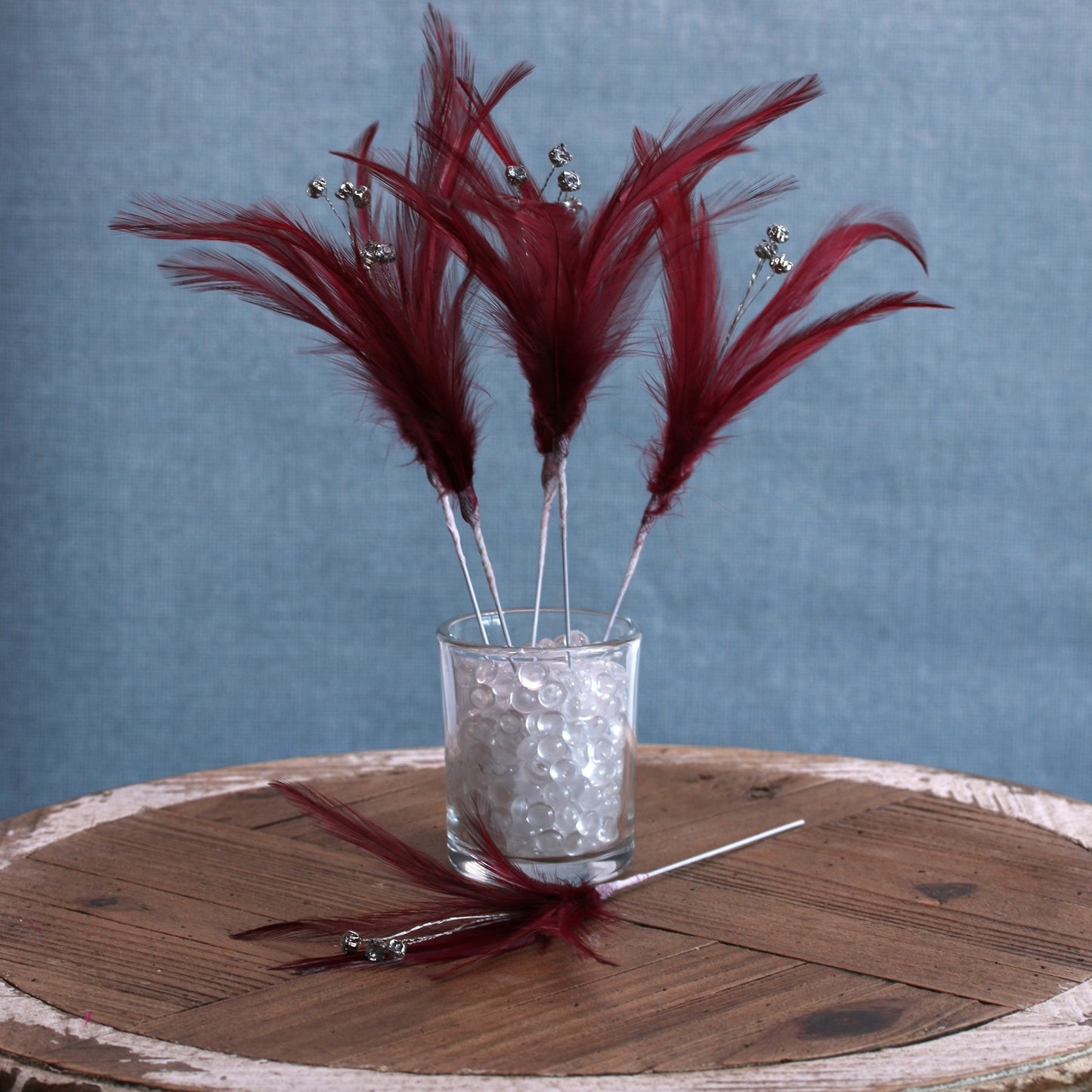 Burgundy Diamante Feathers (6 Pack)