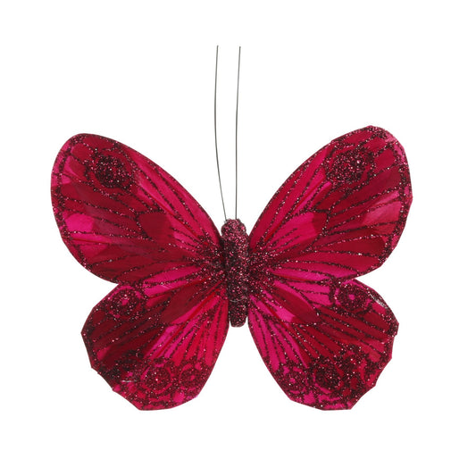 12cm Burgundy Feather   Glitter Butterfly Clip (Pack of 12)