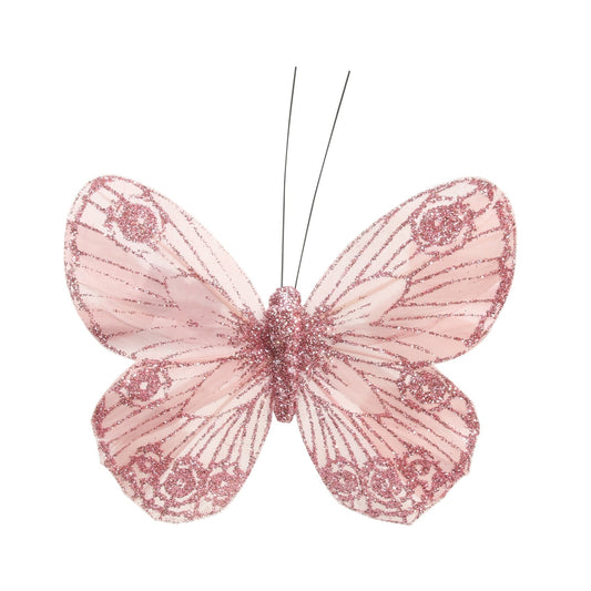 12cm Baby Pink Feather   Glitter Butterfly (Pack of 12)