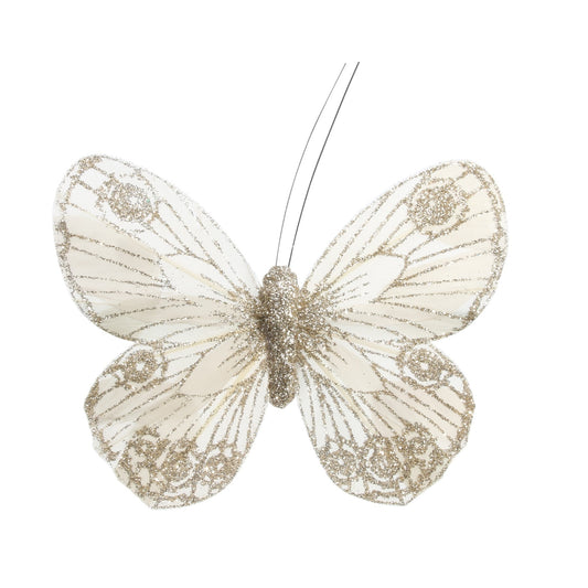 12cm Cream Gold Feather   Glitter Butterfly  (Pack of 12)