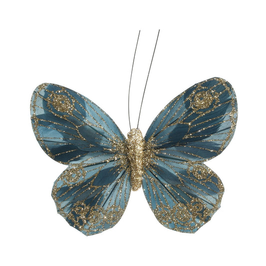 12cm Petrol Green Feather   Glitter Butterfly (Pack of 12)