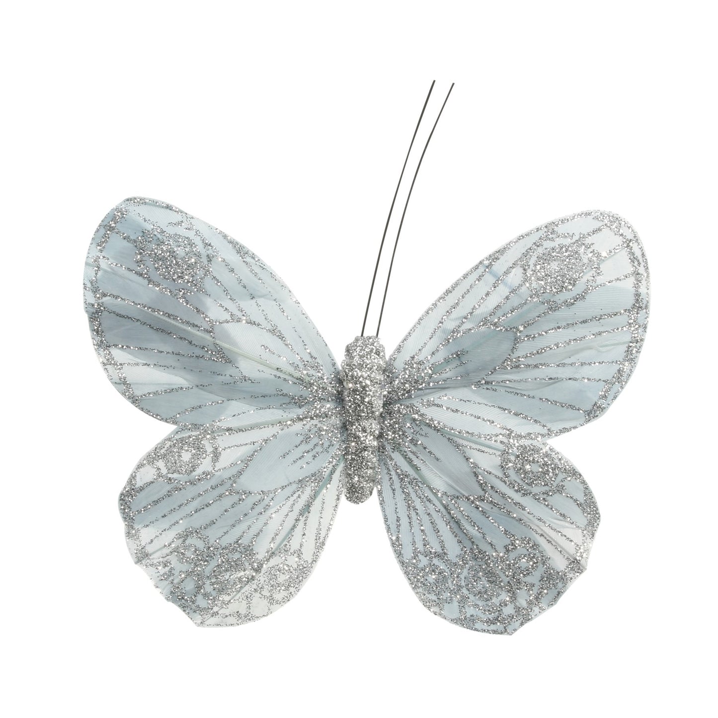 12cm Silver Feather   Glitter Butterfly (Pack of 12)