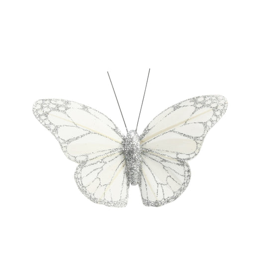 8cm White/Silver Feather   Glitter Butterfly (Pack of 12)