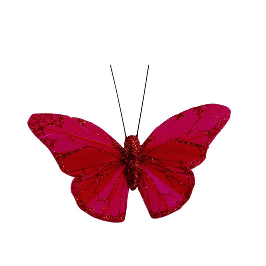 8cm Red Feather   Glitter Butterfly (Pack of 12)