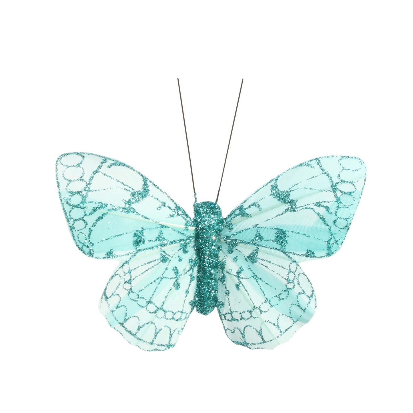 8cm Turquoise Feather   Glitter Butterfly (Pack of 12)