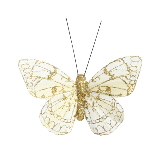 8cm Cream/Gold Feather   Glitter Butterfly (Pack of 12)