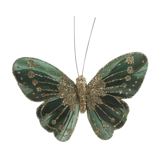 11.5cm Forest Green Feather   Glitter Butterfly (Pack of 12)