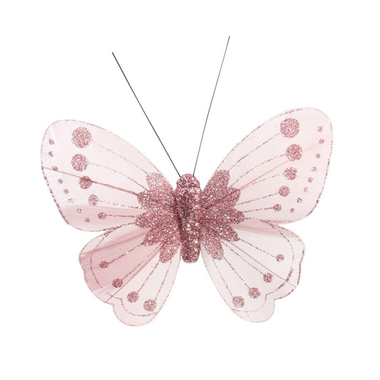 11.5cm Light Pink Feather   Glitter Butterfly (Pack of 12)