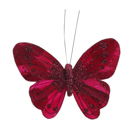 11.5cm Burgundy Feather   Glitter Butterfly (Pack of 12)