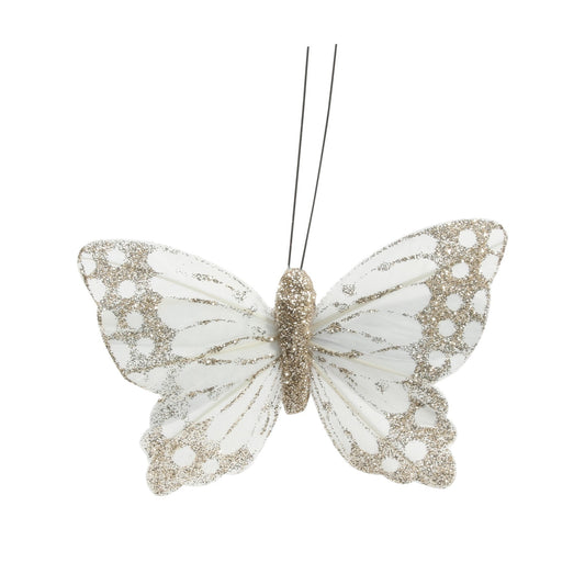 9cm Golden Ivory Feather   Glitter Butterfly  (Pack of 12)