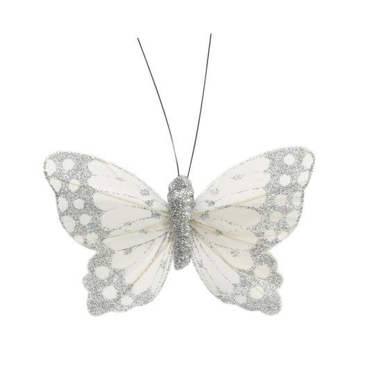 9cm Silver Ivory Feather   Glitter Butterfly (Pack of 12)