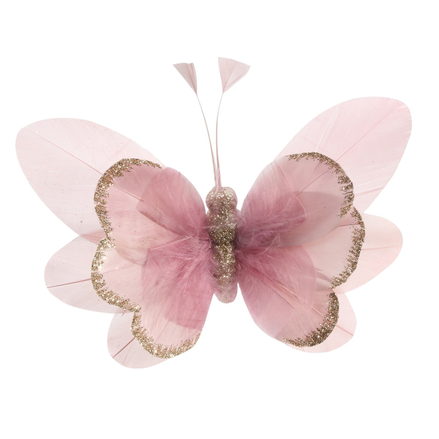 14cm Pink Feather   Glitter Butterfly (Pack of 6)