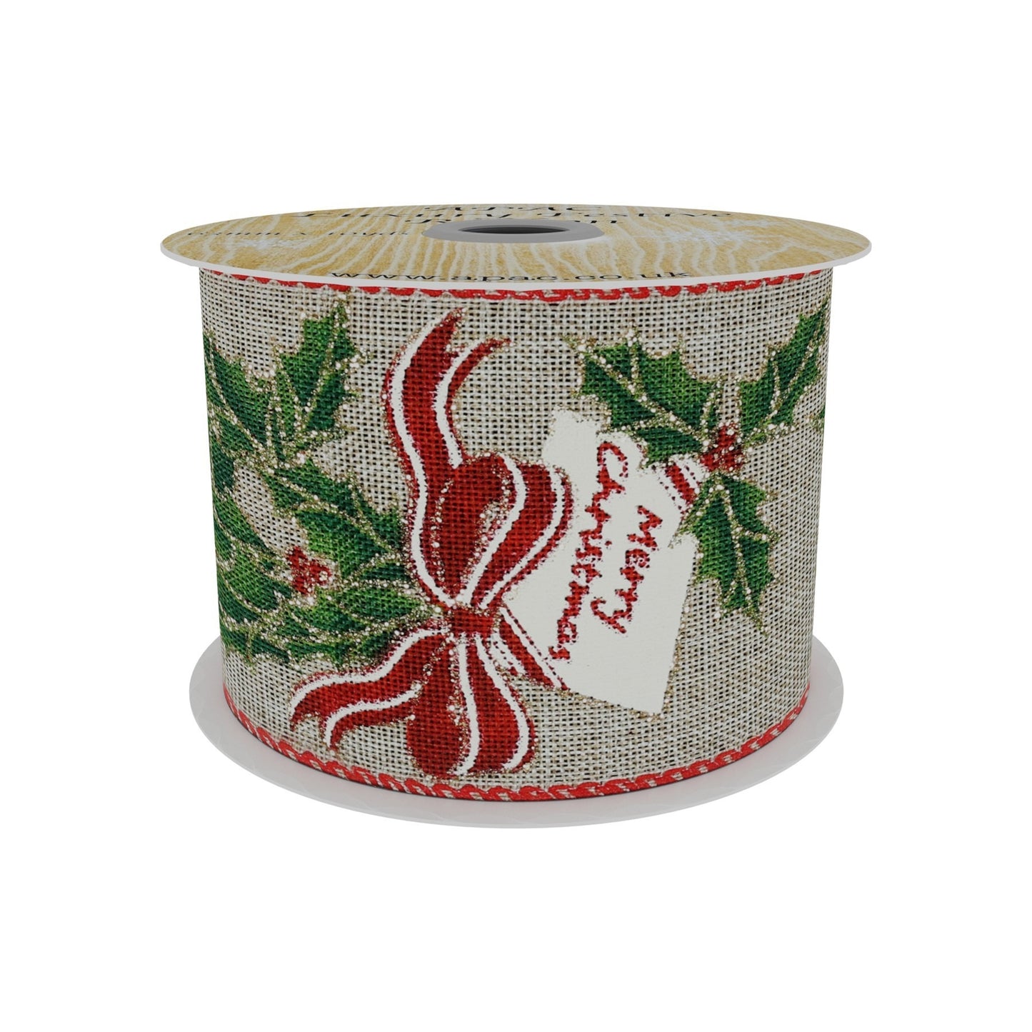 Natural Ribbon with Holly   Bow Print (63mm x 10yd)