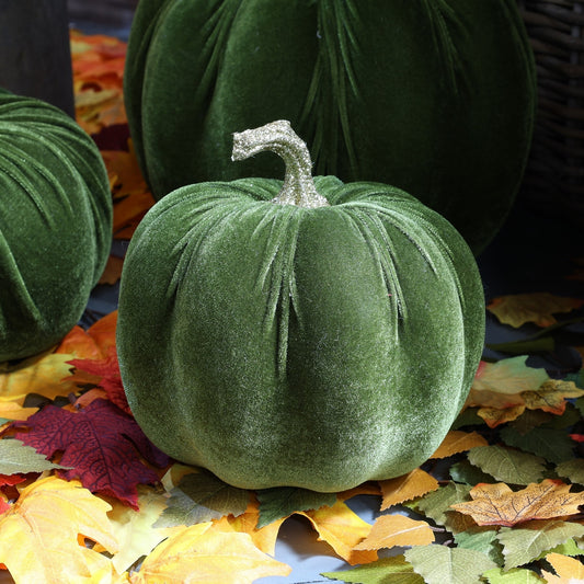 Small Green Velvet Pumpkin with Gold Glitter Stem