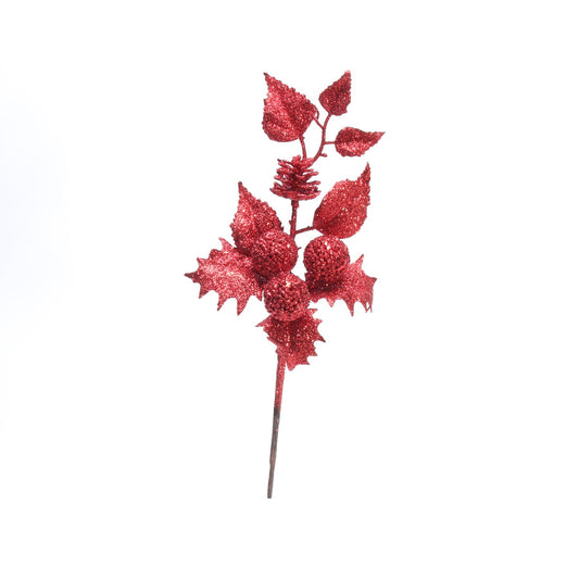 Red Glittered Holly Spray (38cm)