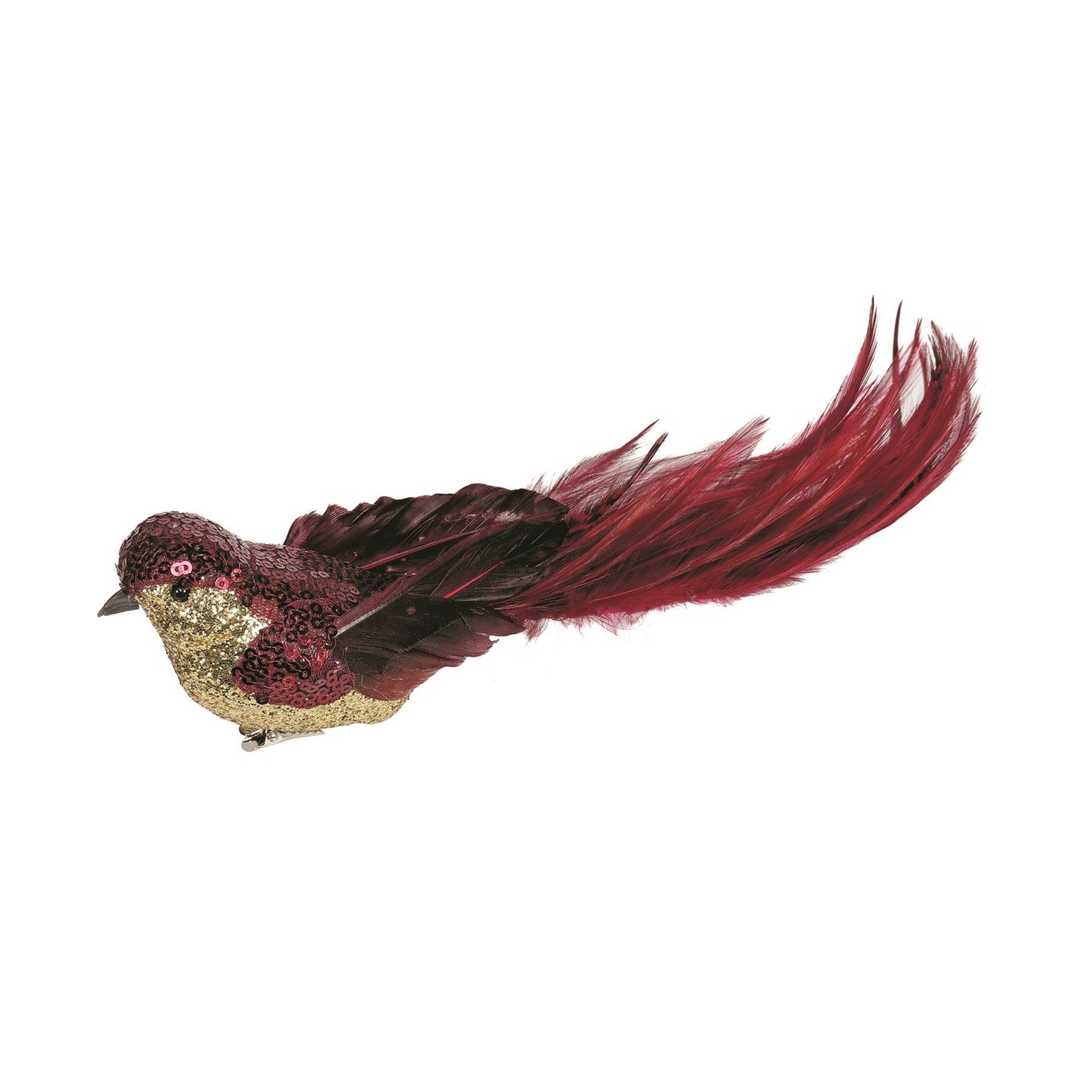 Burgundy Sequin   Glitter Feather Bird with Clip L29cm