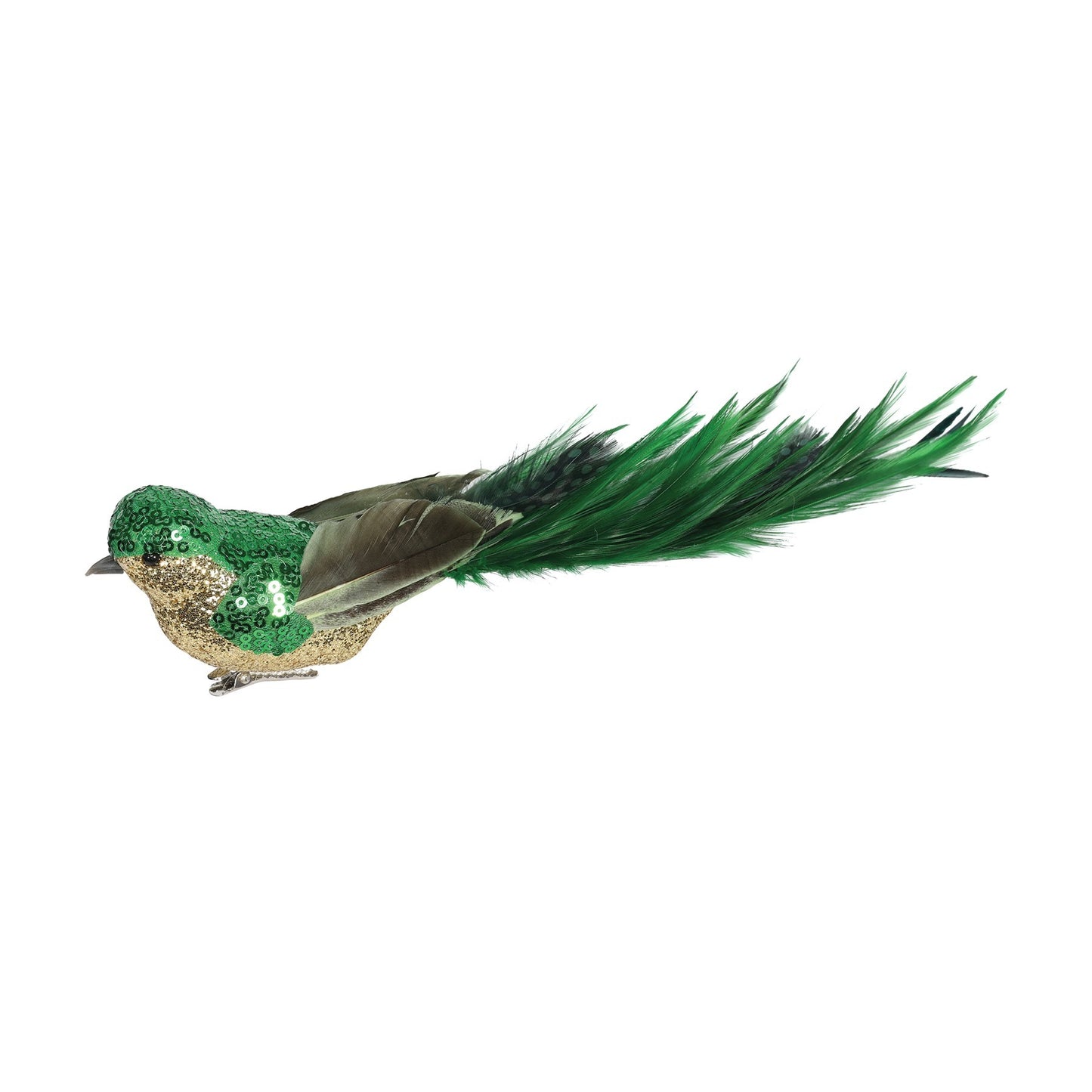 Green   Gold Sequin   Glitter Bird with Clip (29cm)