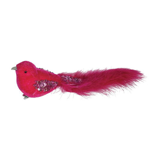 Hot Pink Velvet Bird with Glitter and Clip (20cm)