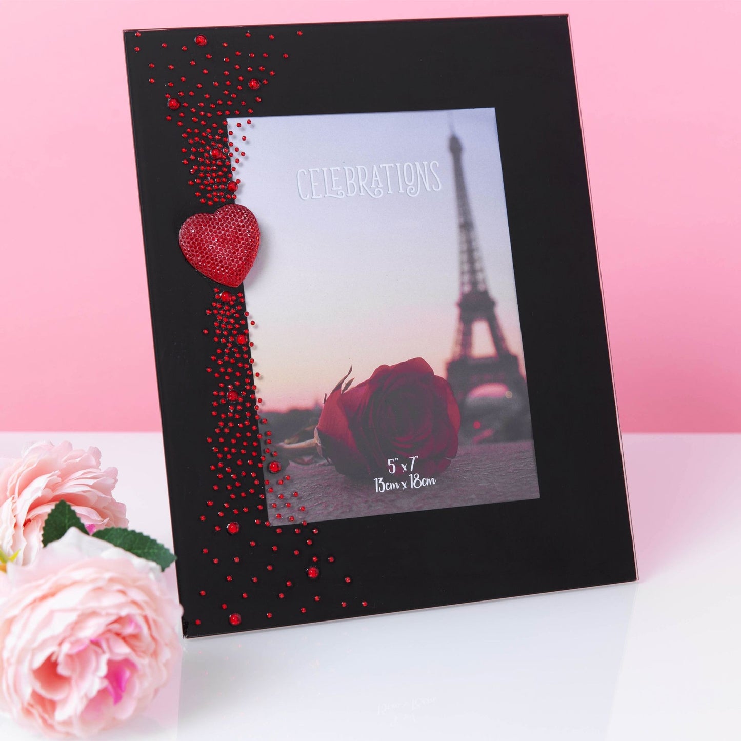 Glass Photo Frame with Red Heart  5 inch x 7 inch