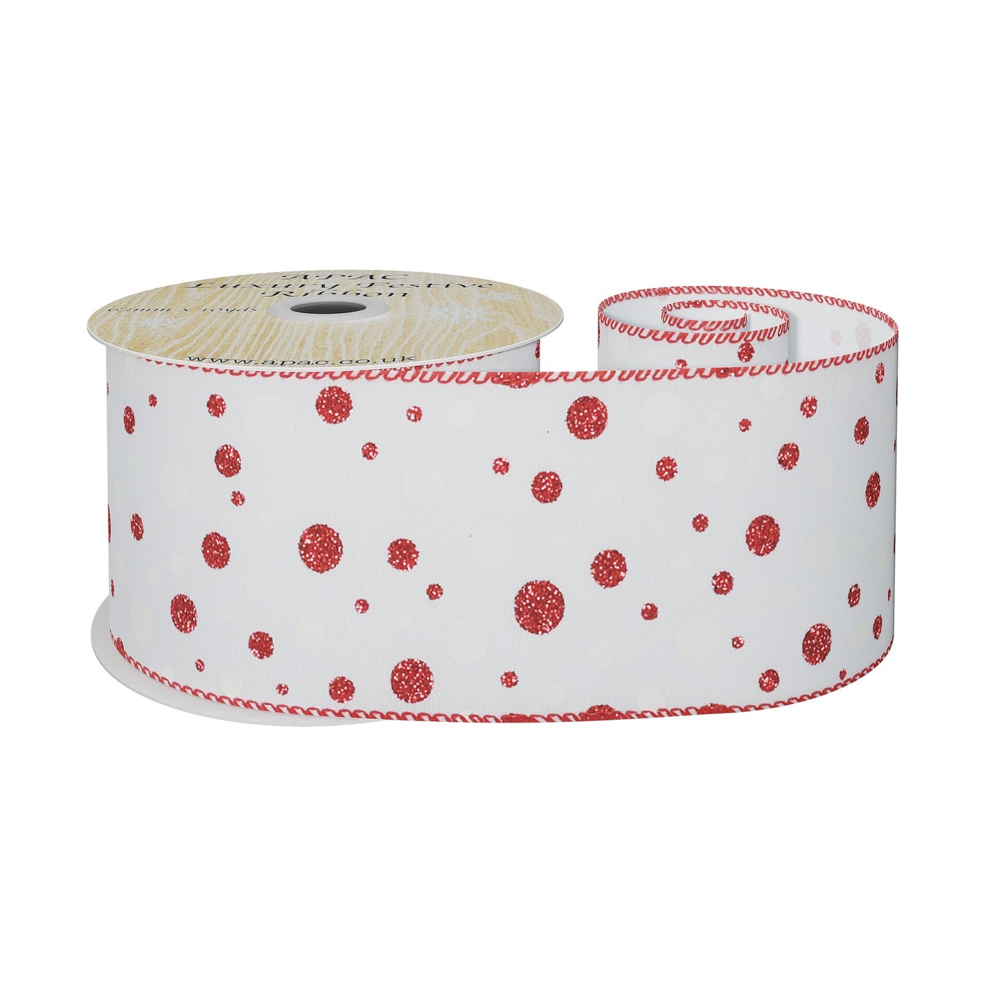 White Wired Ribbon with Red and White Dots (63mm x 10 yards)