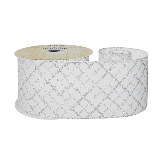 White Wired Ribbon with Silver Diamond Detailing (63mm x 10 yards)