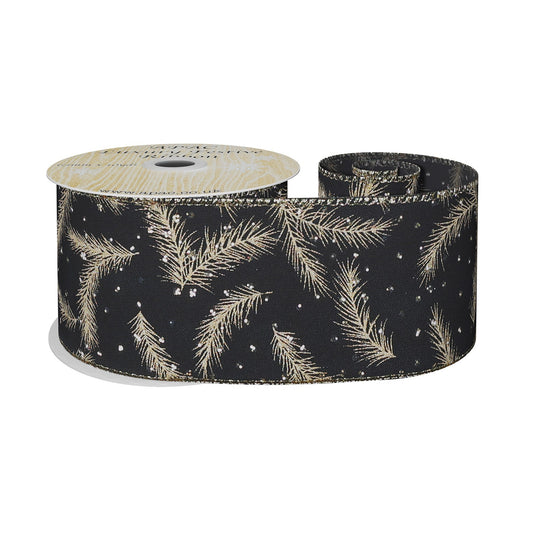 Black Wired Ribbon with Gold Spruce Leaves (63mm x 10 yards)