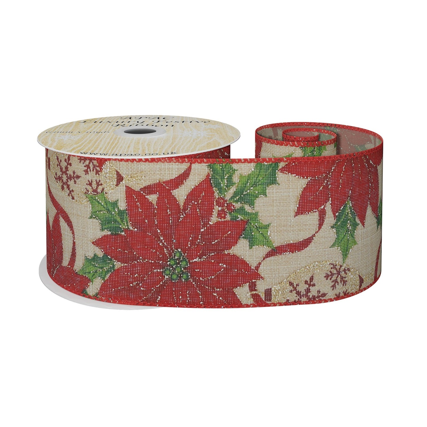 Natural Wired Ribbon with Red Poinsettia (63mm x 10 yards)