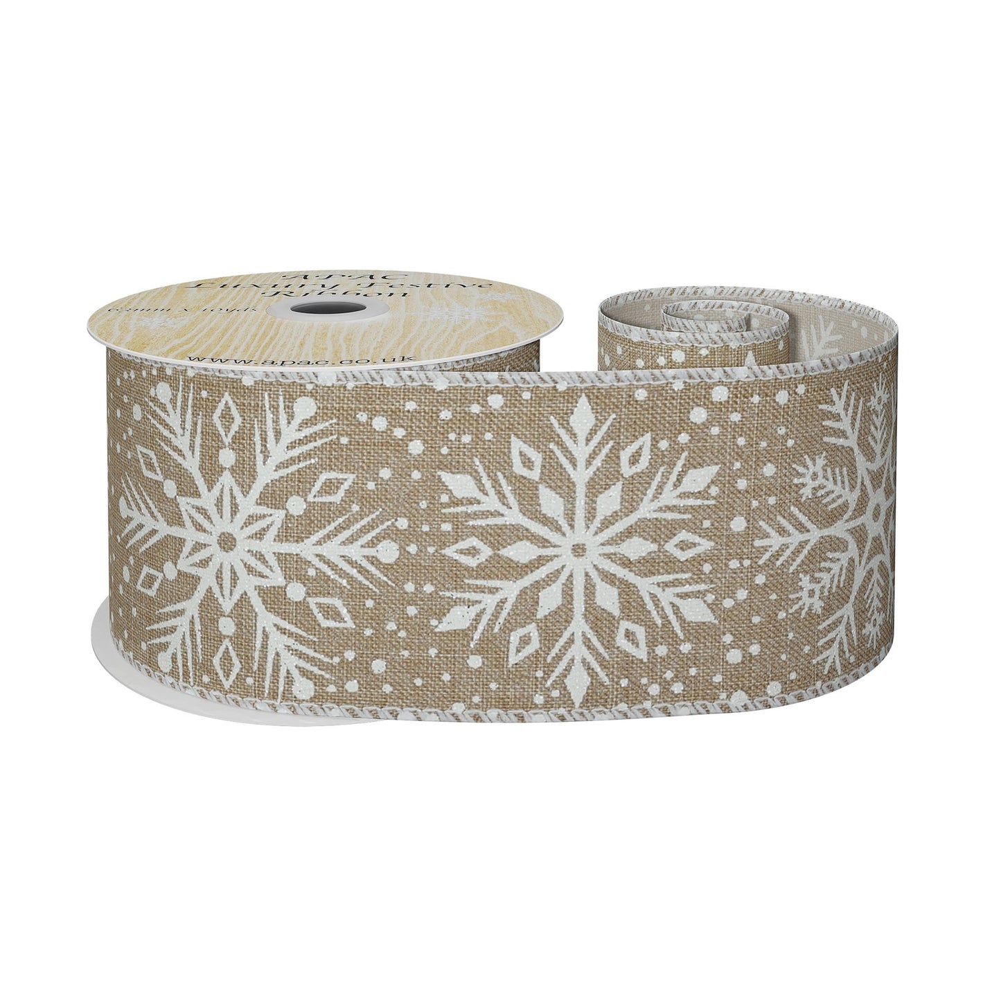 Natural Ribbon with White Snowflakes (63mm x 10yds)