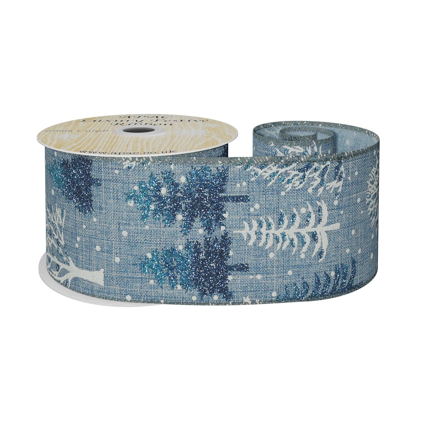 Blue with White   Blue Glitter Trees Ribbon (63mm x 10yds)