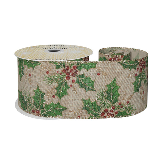 Natural with Green Holly   Berries Ribbon (63mm x 10yds)