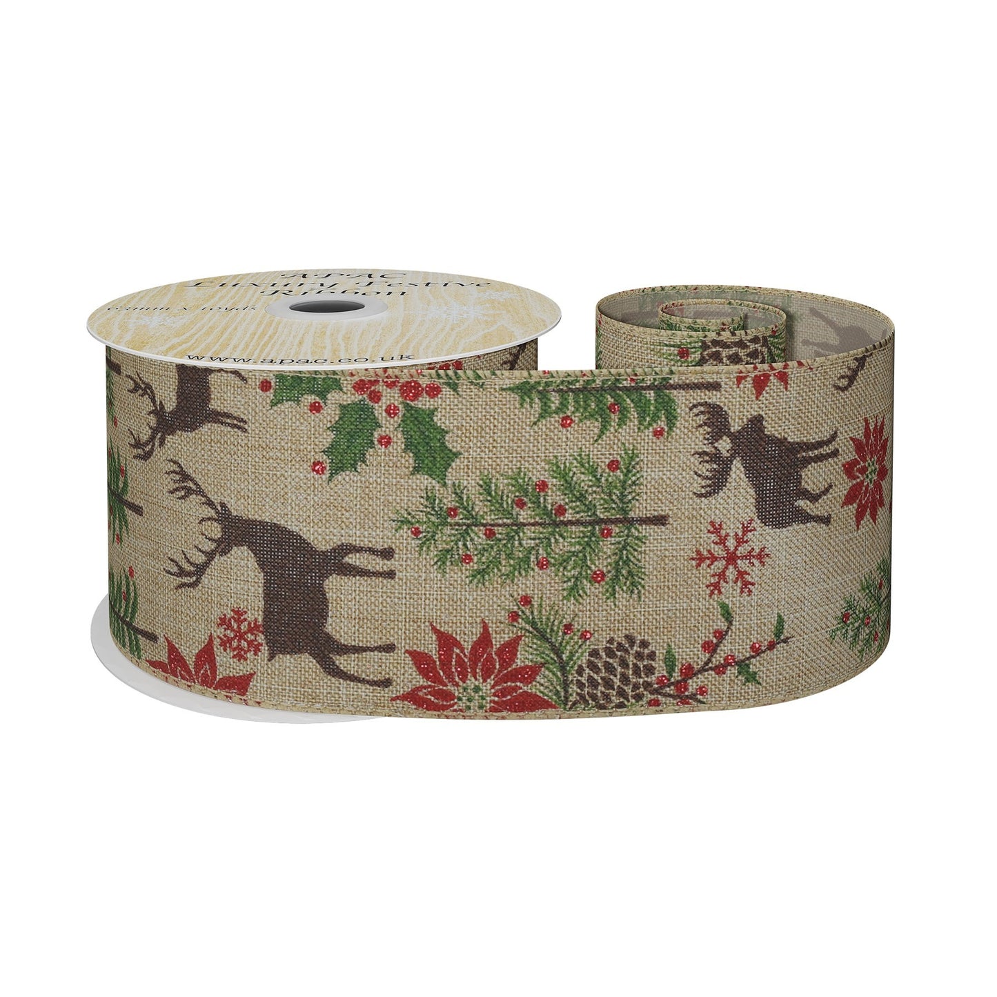 Natural with Deer   Foilage Ribbon (63mm x 10yds)