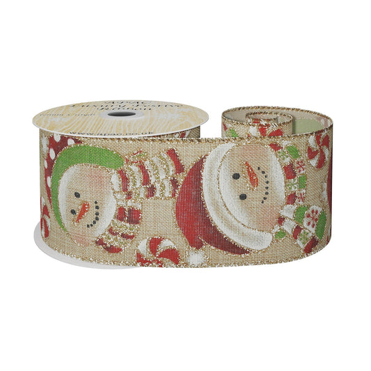 Natural with Snowmen   Glitter Ribbon (63mm x 10yds)