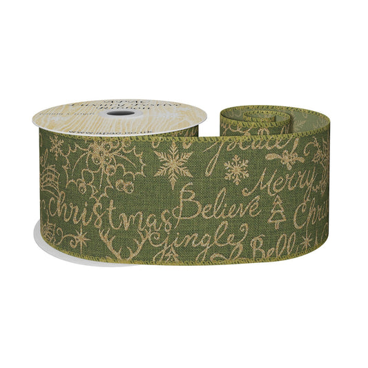 Green with Gold Glitter Text Ribbon (63mm x 10yds)