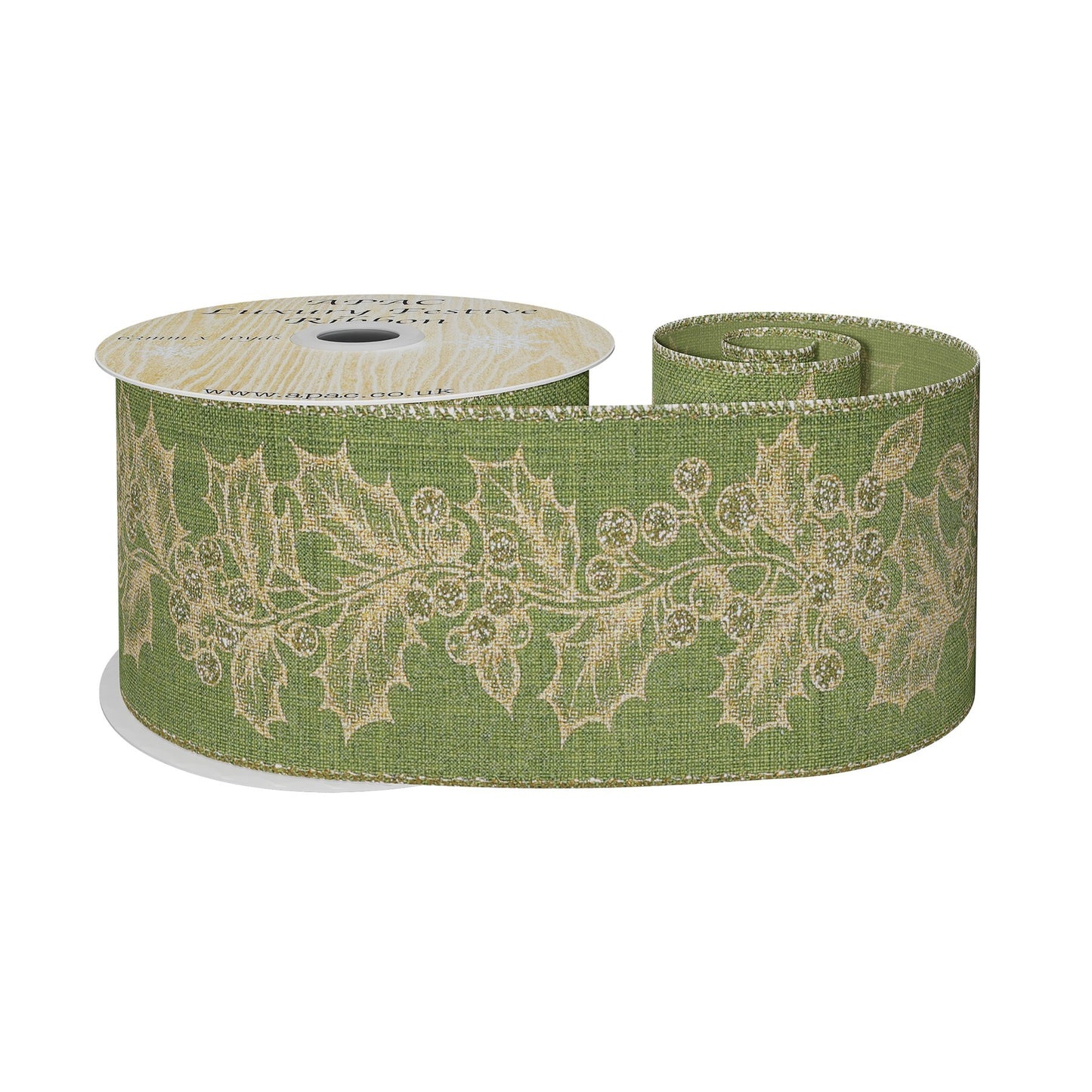 Green with Gold Holly Ribbon (63mm x 10yds)