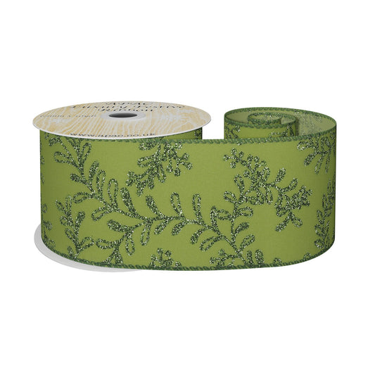 Green Ribbon with Glitter Leaf (63mm x 10yd)