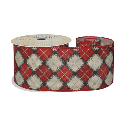 Red   Gold Argyle Diamond Ribbon 63mm x 10yds