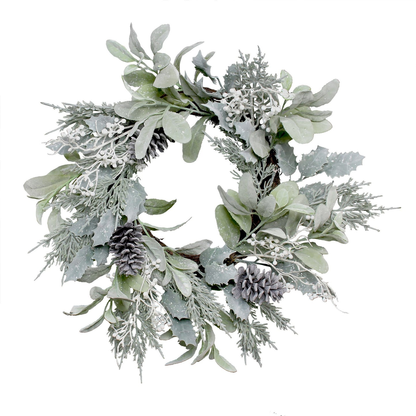 Lambs Ear  Holly Pine Cone   White Berry Flocked Wreath (60cm)