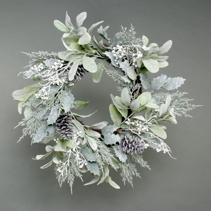 Lambs Ear  Holly Pine Cone   White Berry Flocked Wreath (60cm)