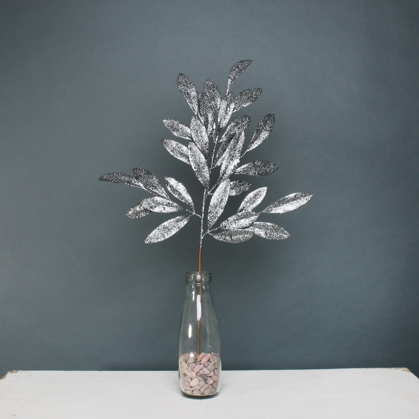 Pewter Glitter bay leaf spray