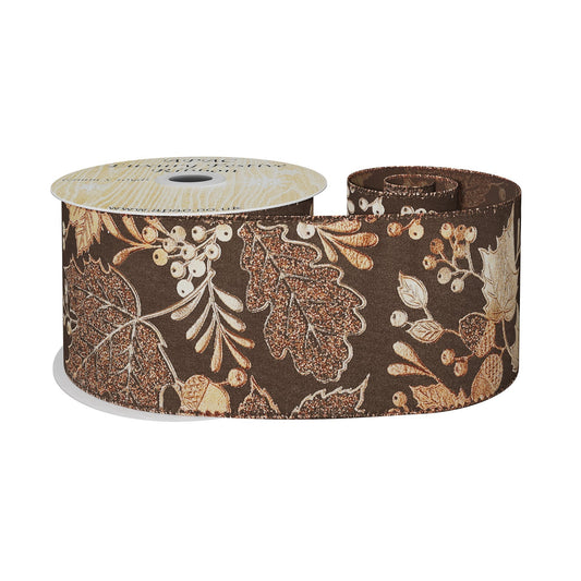 Autumn Ribbon with Metallic Copper Leaf (63mm x 10 yards)