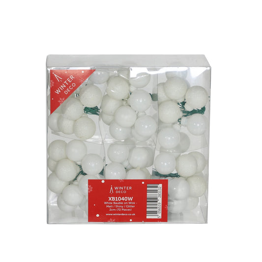 White Bauble on Wire - Matt/Shiny/Glitter (Pack of 72)