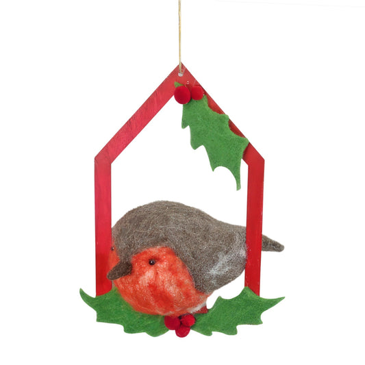 Felt Robin on a Perch Hanging Decoration (10cm)