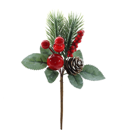 Frosted Festive Pick with Red Berries Pinecone (16cm)