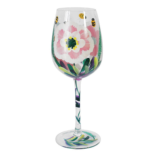 Peonies   Bees Hand Painted Wine Glass