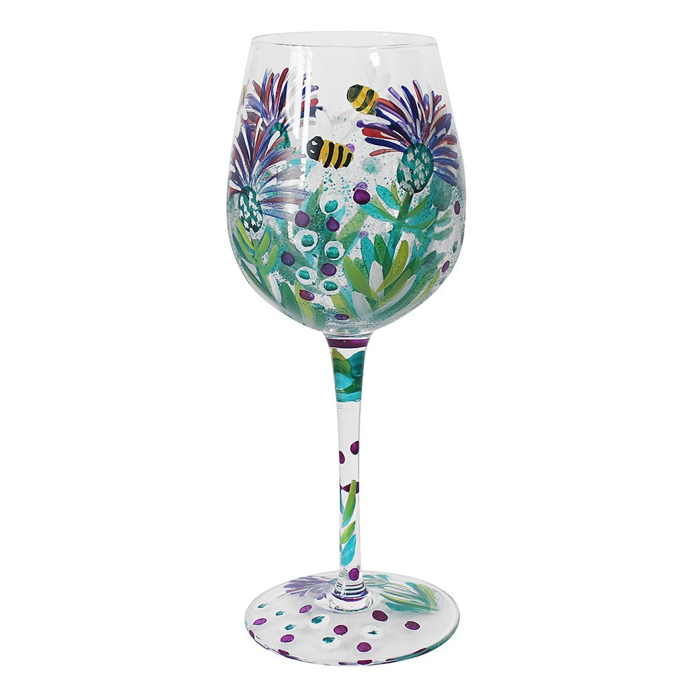 Thistles   Bees Hand Painted Wine Glass