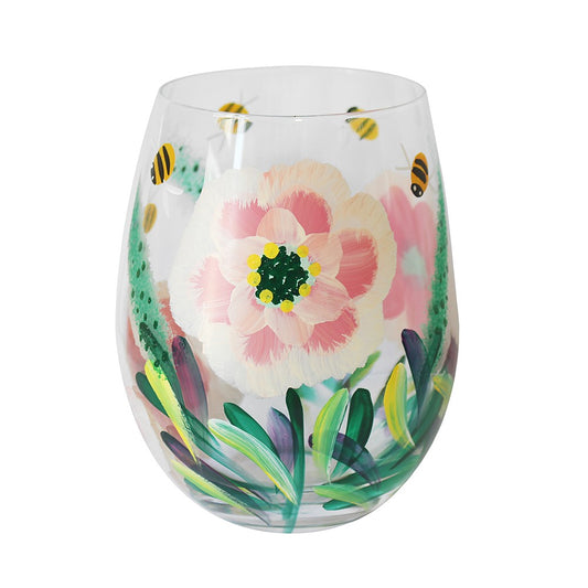 Peonies   Bees Stemless Hand Painted Glass