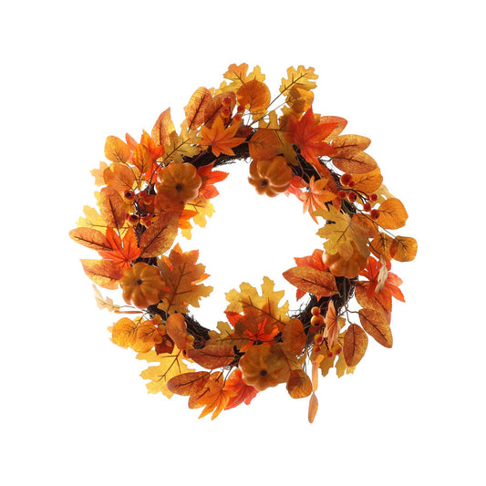 Autumn Rattan Wreath with Pumpkins   Leaves - Orange (60cm)