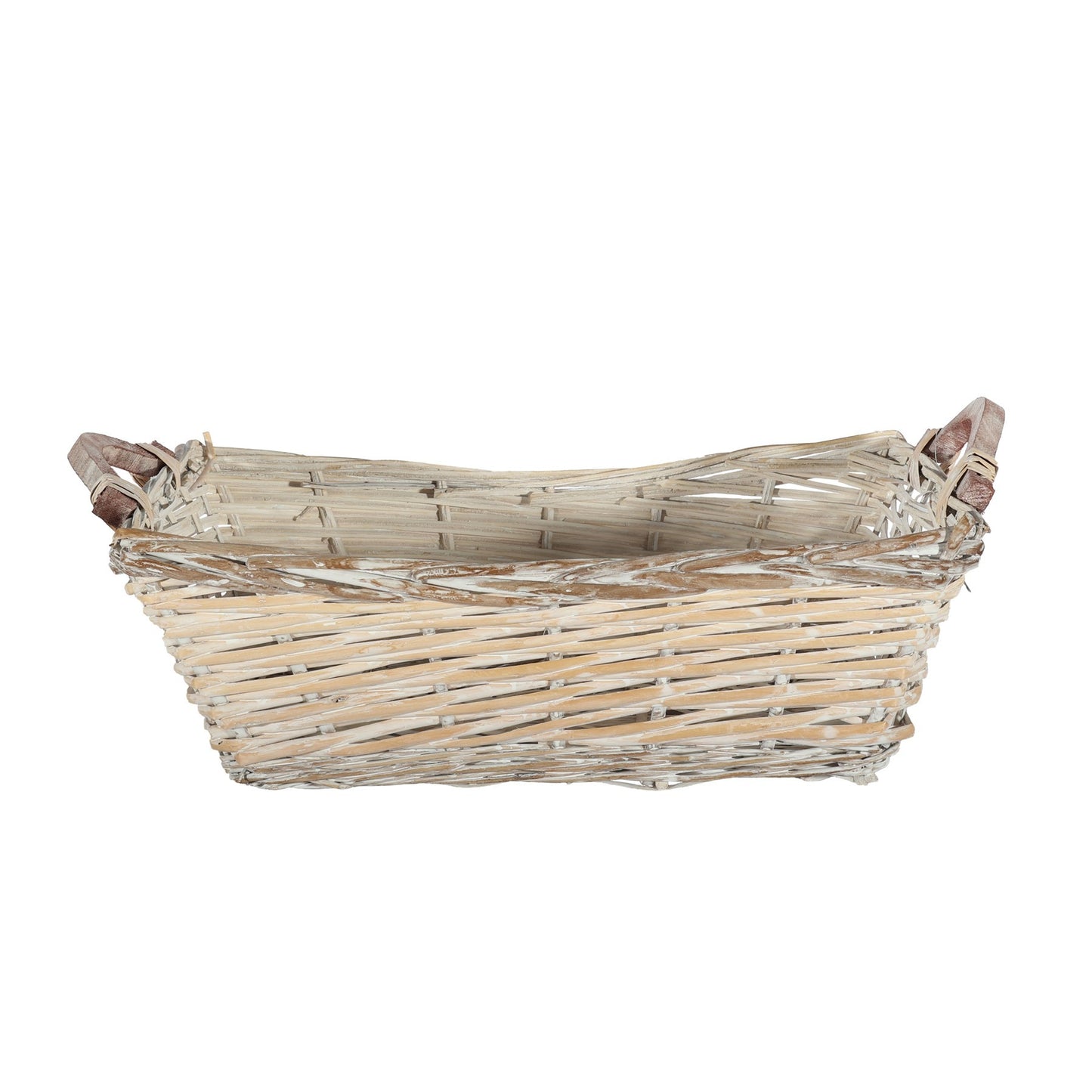 White Wash Rectangle Woven Basket with Handles (Large)